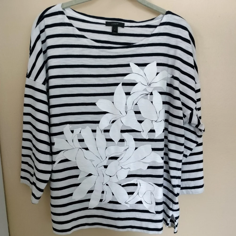J Crew women long sleeve Cotton Blue white striped floral Top shirt L Nautical